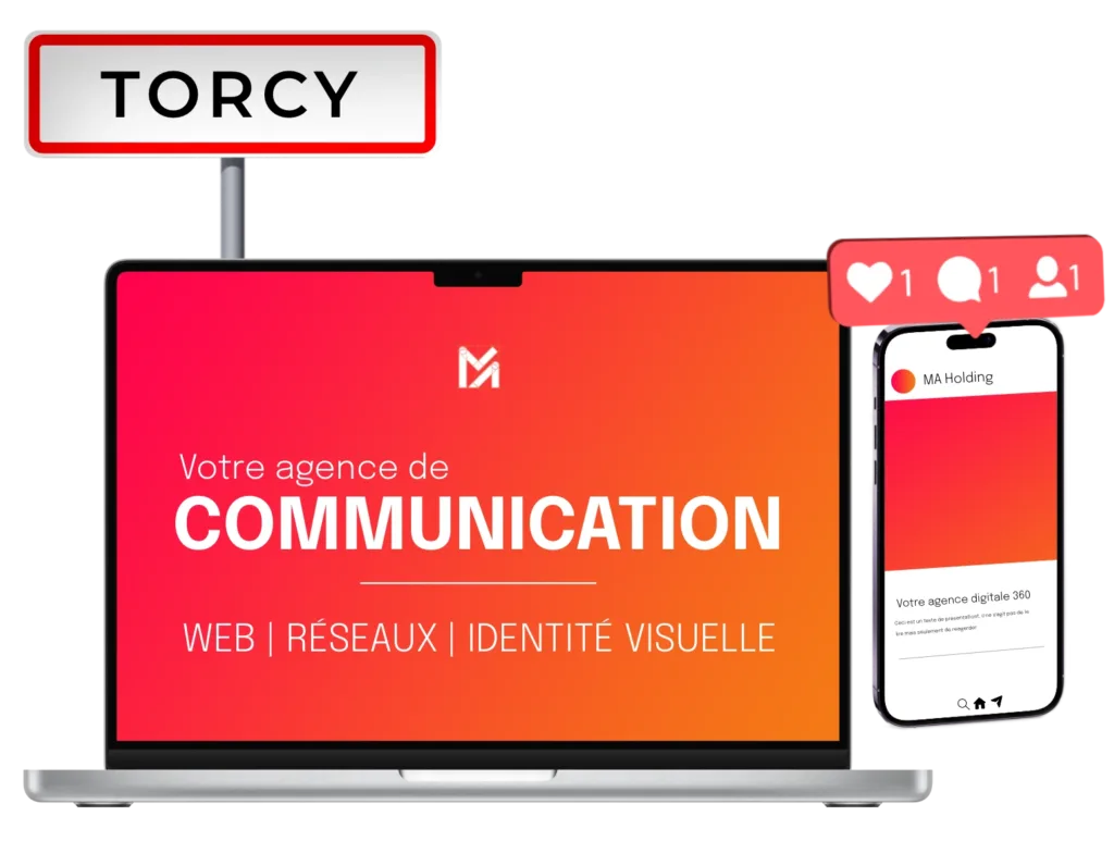 Illustration d'un ordinateur et d'un téléphone. Il est indiqué "Agence de communication, Web, Réseaux, Identité visuelle. Il y a également un panneau de la ville de Torcy.